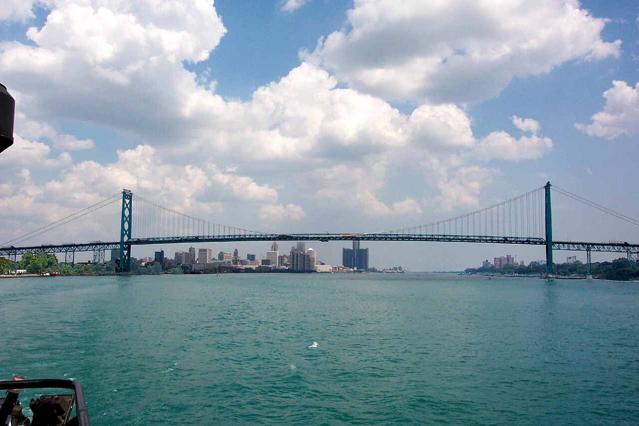 The Ambassador Bridge, a major freight crossing linking Detroit and Windsor, Ontario.