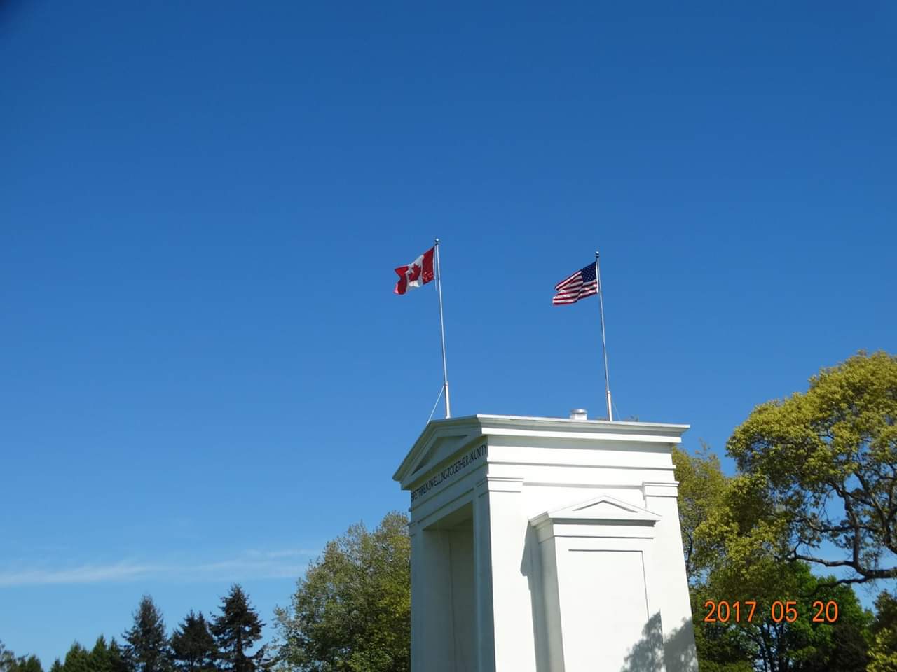 The Peace Arch marks the U.S.-Canada border between Blaine, Washington, and Surrey, British Columbia.